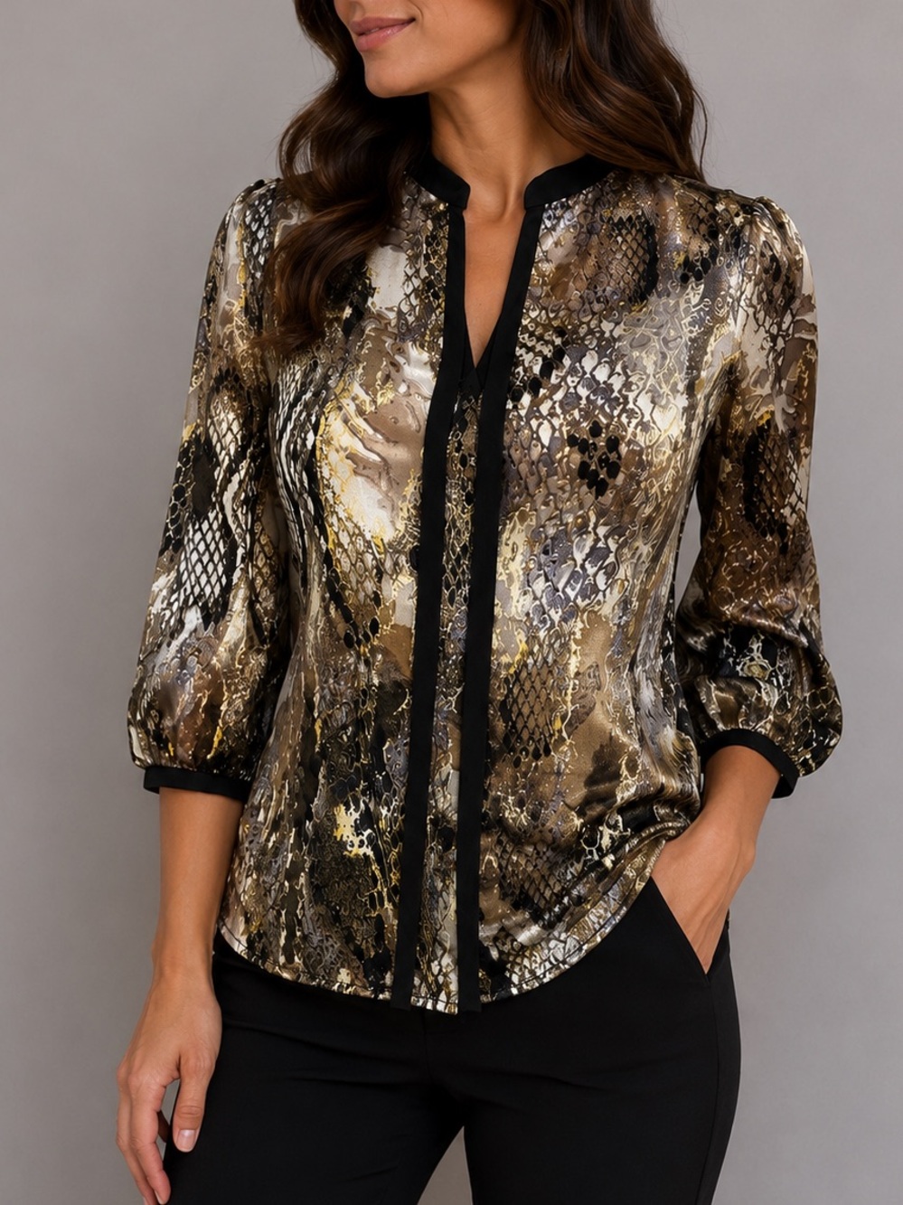 LINE & DOT 100% SILK SNAKE PRINT BLOUSE | TIE NECK | SHEER SLEEVES |ANIMAL PRINT
